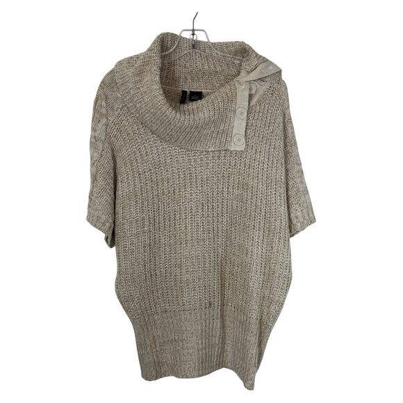 Ivory Marled Sweater L Button Cowl Neck Chunky Cable Knit Detail Oatmeal Cozy - Picture 7 of 14